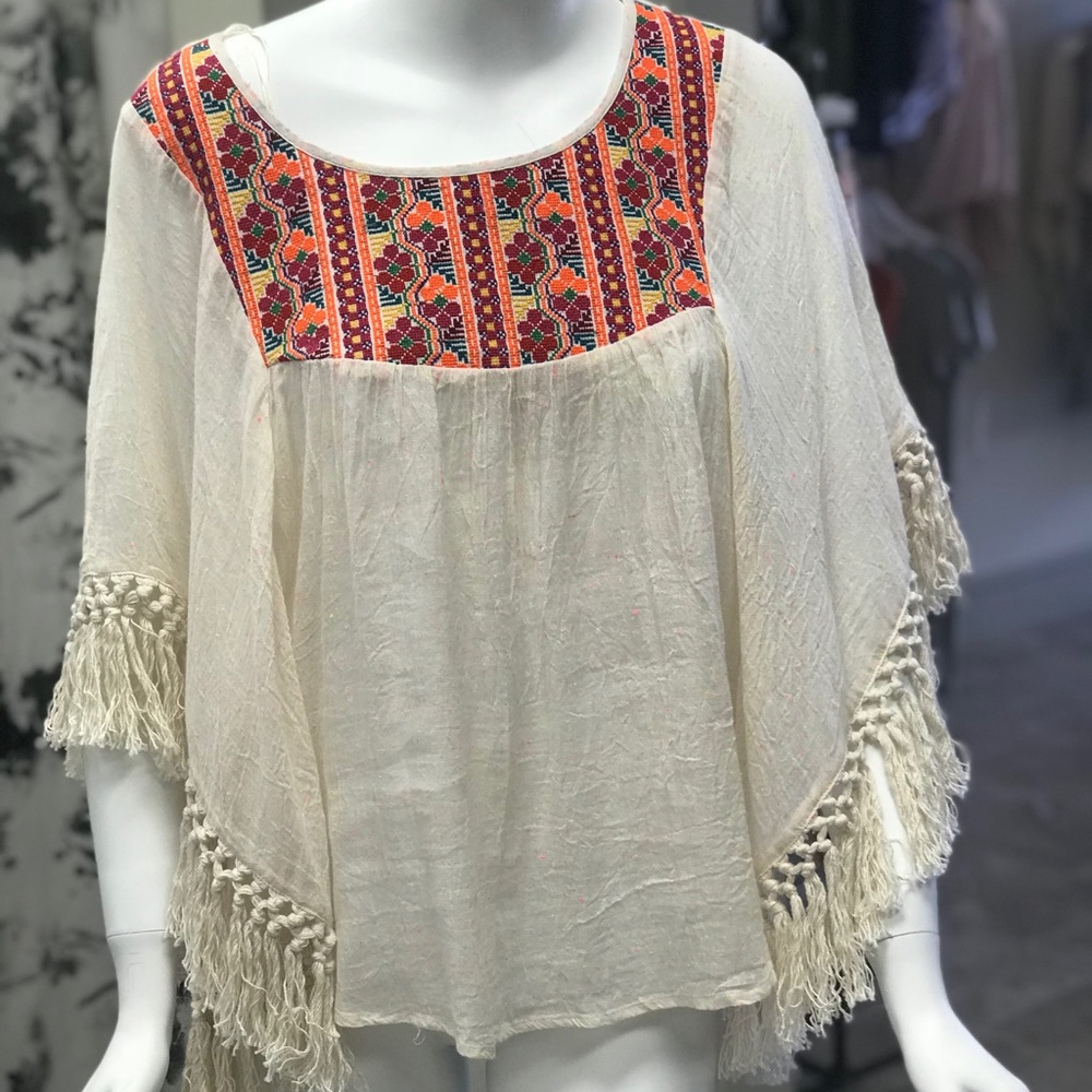 Embroidered boho fringe poncho